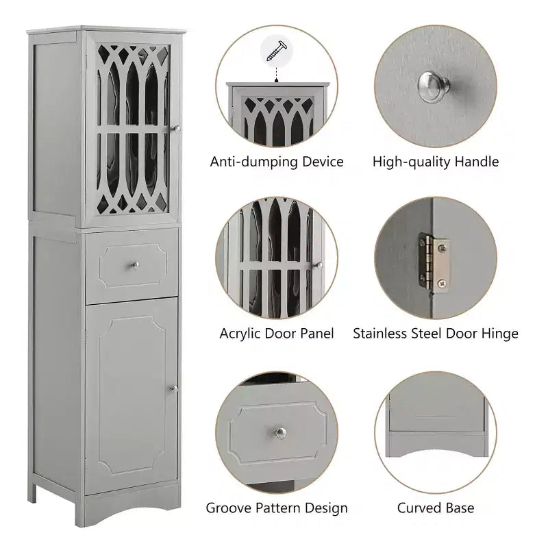 GDFStudio Leona Meuble de Rangement Haut Autonome de Salle de Bain en Bois Moderne avec Tiroir, Porte Acrylique et Étagère Réglable