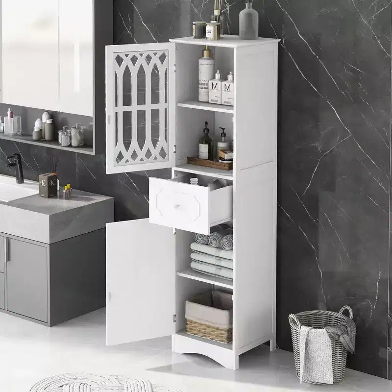 GDFStudio Leona Meuble de Rangement Haut Autonome de Salle de Bain en Bois Moderne avec Tiroir, Porte Acrylique et Étagère Réglable