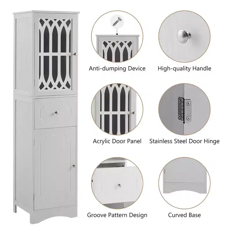 GDFStudio Leona Meuble de Rangement Haut Autonome de Salle de Bain en Bois Moderne avec Tiroir, Porte Acrylique et Étagère Réglable