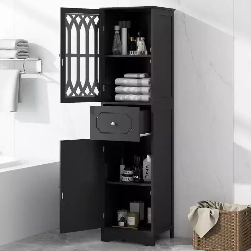 GDFStudio Leona Meuble de Rangement Haut Autonome de Salle de Bain en Bois Moderne avec Tiroir, Porte Acrylique et Étagère Réglable