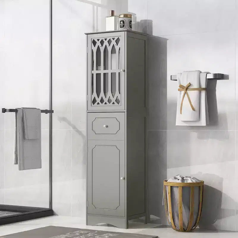 GDFStudio Leona Meuble de Rangement Haut Autonome de Salle de Bain en Bois Moderne avec Tiroir, Porte Acrylique et Étagère Réglable