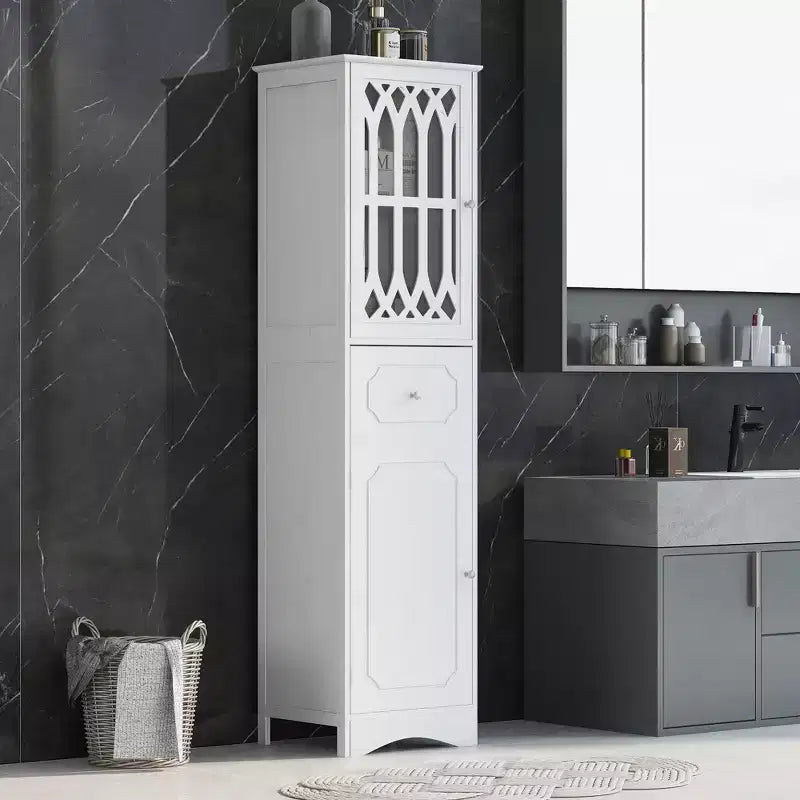 GDFStudio Leona Meuble de Rangement Haut Autonome de Salle de Bain en Bois Moderne avec Tiroir, Porte Acrylique et Étagère Réglable