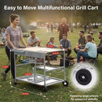 Chariot de barbecue Karl Home à 4 roues, plateau en acier inoxydable avec plateau à épices, couleur argent