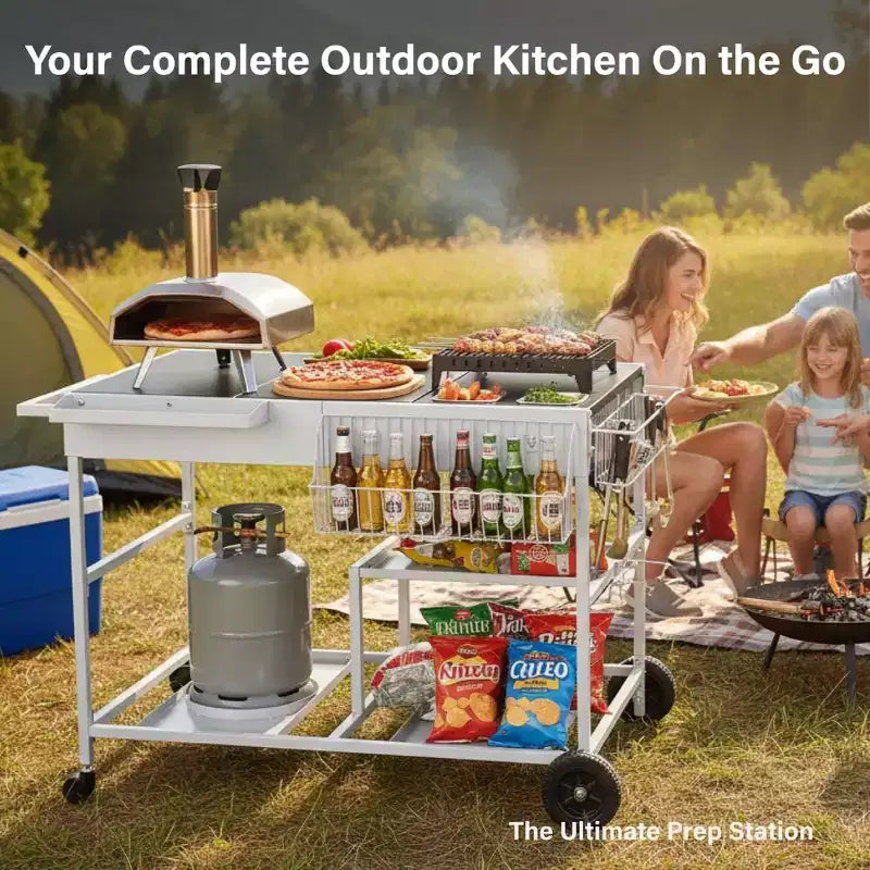 Chariot de barbecue Karl Home à 4 roues, plateau en acier inoxydable avec plateau à épices, couleur argent