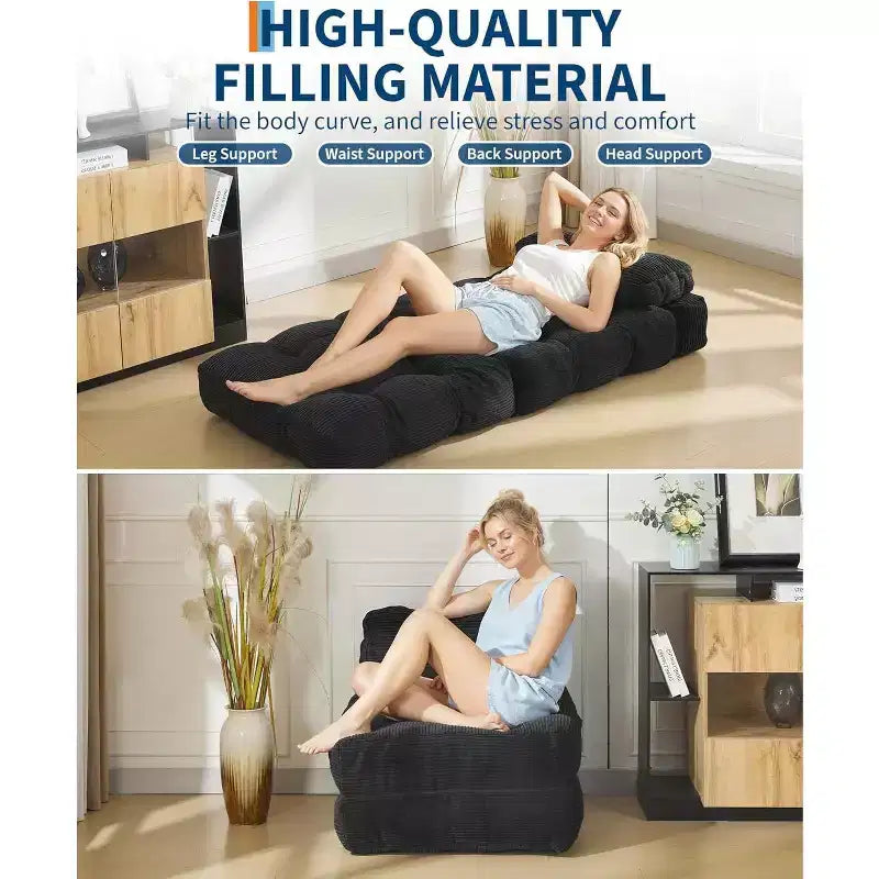 Fauteuil de couchage convertible avec oreiller, pochette latérale et support dorsal C, matelas pliable, chaise longue portable