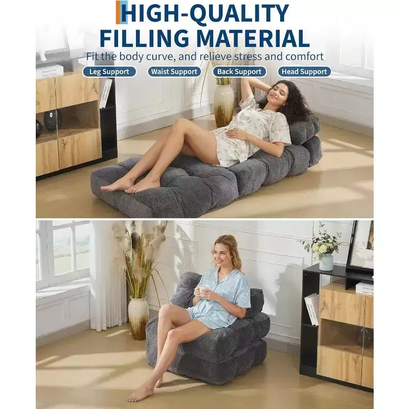 Fauteuil de couchage convertible avec oreiller, pochette latérale et support dorsal C, matelas pliable, chaise longue portable
