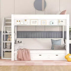 Lit superposé convertible double en bois Clihome avec escalier de rangement, table de chevet et 3 tiroirs