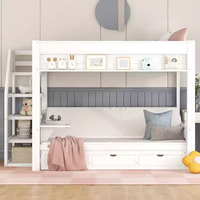 Lit superposé convertible double en bois Clihome avec escalier de rangement, table de chevet et 3 tiroirs