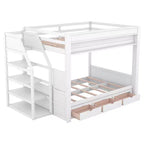 Lit superposé convertible double en bois Clihome avec escalier de rangement, table de chevet et 3 tiroirs