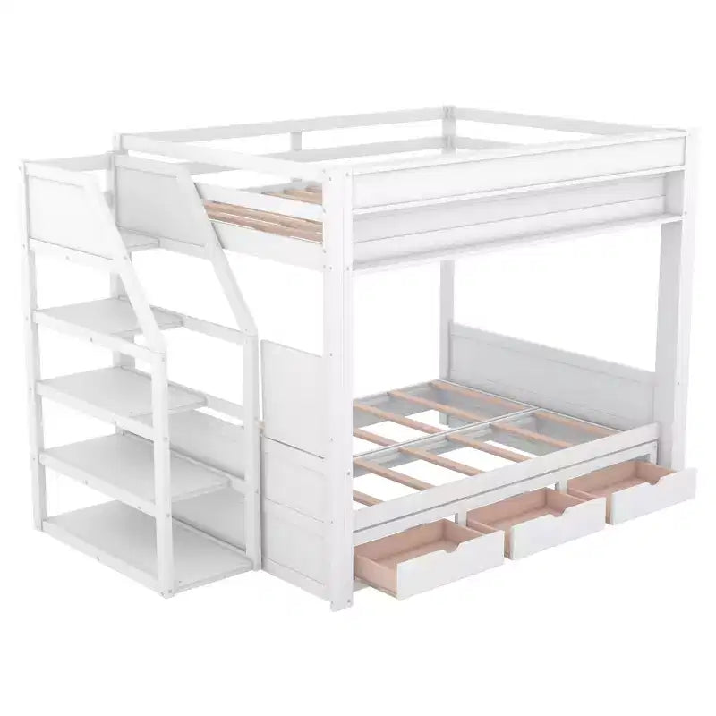 Lit superposé convertible double en bois Clihome avec escalier de rangement, table de chevet et 3 tiroirs