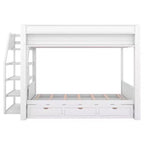 Lit superposé convertible double en bois Clihome avec escalier de rangement, table de chevet et 3 tiroirs