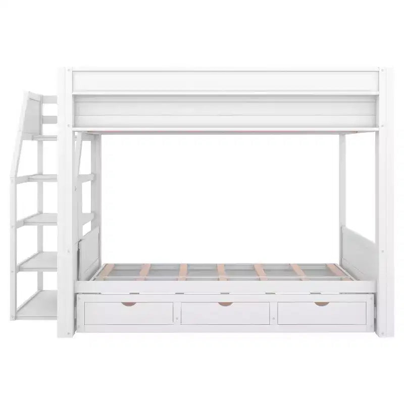 Lit superposé convertible double en bois Clihome avec escalier de rangement, table de chevet et 3 tiroirs