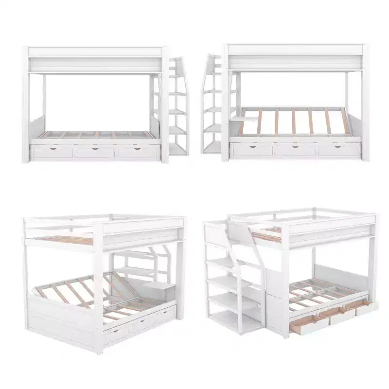 Lit superposé convertible double en bois Clihome avec escalier de rangement, table de chevet et 3 tiroirs