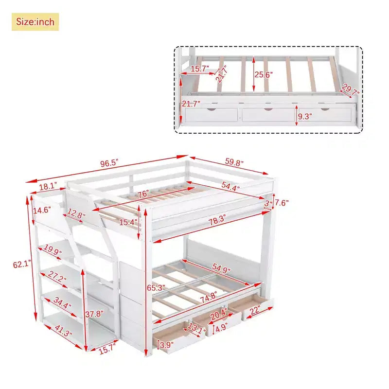 Lit superposé convertible double en bois Clihome avec escalier de rangement, table de chevet et 3 tiroirs