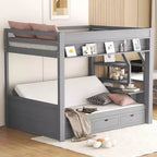Lit superposé convertible double en bois Clihome avec escalier de rangement, table de chevet et 3 tiroirs