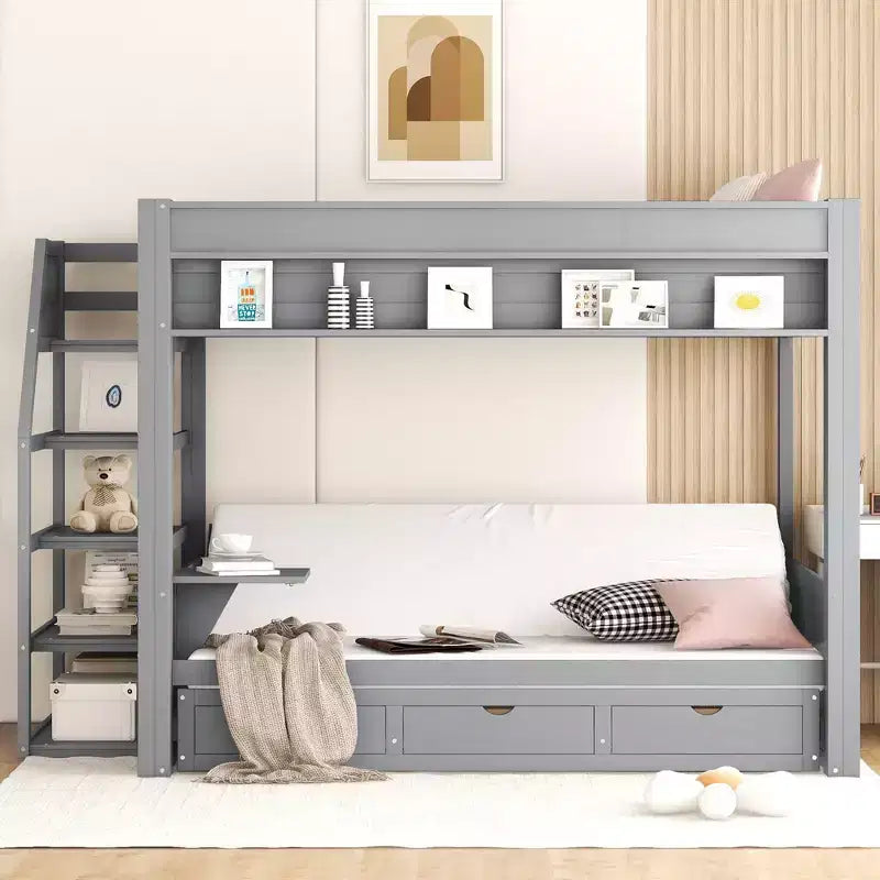 Lit superposé convertible double en bois Clihome avec escalier de rangement, table de chevet et 3 tiroirs