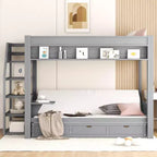 Lit superposé convertible double en bois Clihome avec escalier de rangement, table de chevet et 3 tiroirs