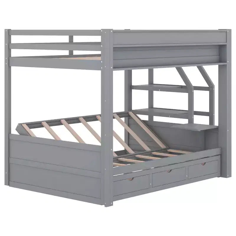 Lit superposé convertible double en bois Clihome avec escalier de rangement, table de chevet et 3 tiroirs