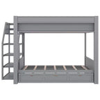 Lit superposé convertible double en bois Clihome avec escalier de rangement, table de chevet et 3 tiroirs