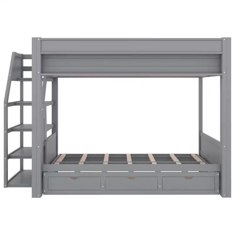 Lit superposé convertible double en bois Clihome avec escalier de rangement, table de chevet et 3 tiroirs