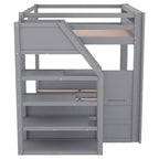 Lit superposé convertible double en bois Clihome avec escalier de rangement, table de chevet et 3 tiroirs