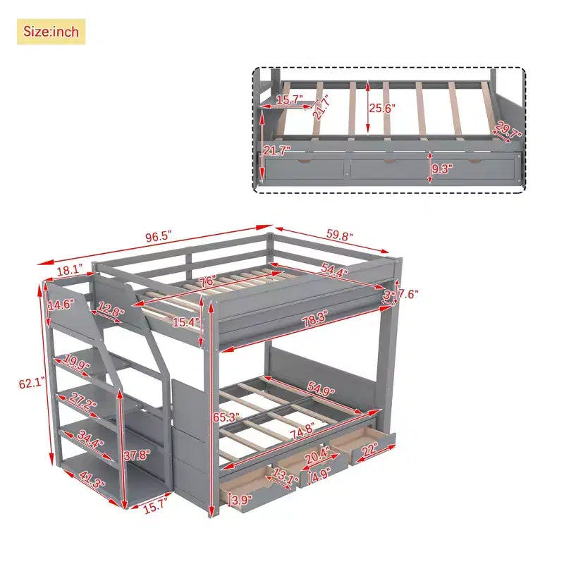 Lit superposé convertible double en bois Clihome avec escalier de rangement, table de chevet et 3 tiroirs