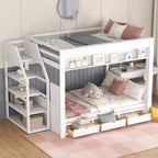 Lit superposé convertible double en bois Clihome avec escalier de rangement, table de chevet et 3 tiroirs