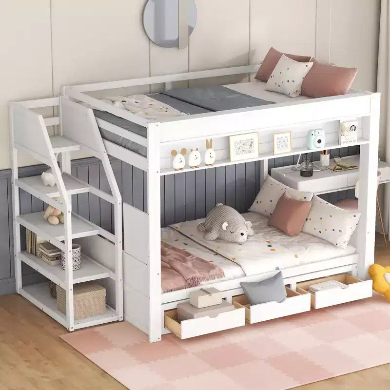 Lit superposé convertible double en bois Clihome avec escalier de rangement, table de chevet et 3 tiroirs