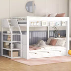 Lit superposé convertible double en bois Clihome avec escalier de rangement, table de chevet et 3 tiroirs