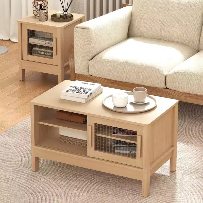 Table basse moderne Bestier avec porte coulissante unique en acrylique, coins incurvés et étagères réglables