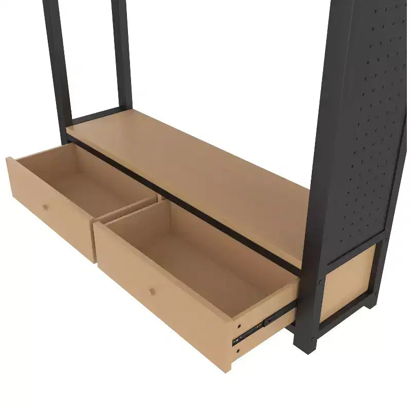 Lit mezzanine métallique double/grand format, tout-en-un avec armoire, étagères de rangement et panneau perforé, noir - ModernLuxe