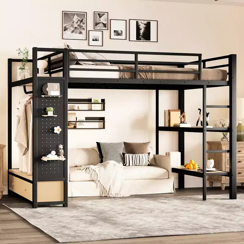 Full/Queen Size Metal Loft Bed Frame, All-In-One with Wardrobe, Storage Shelves & Pegboard, Black - ModernLuxe