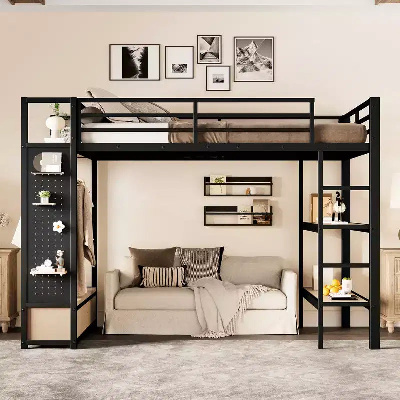 Lit mezzanine métallique double/grand format, tout-en-un avec armoire, étagères de rangement et panneau perforé, noir - ModernLuxe