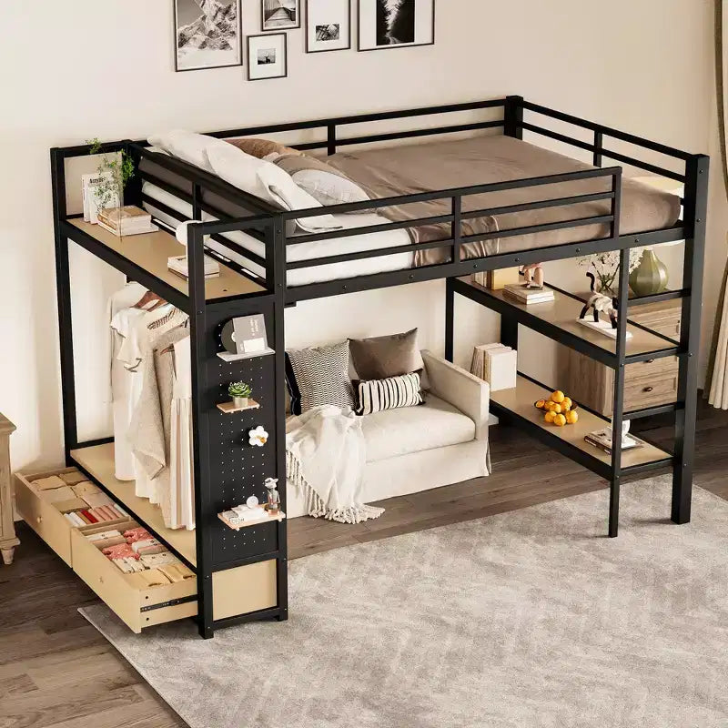 Lit mezzanine métallique double/grand format, tout-en-un avec armoire, étagères de rangement et panneau perforé, noir - ModernLuxe