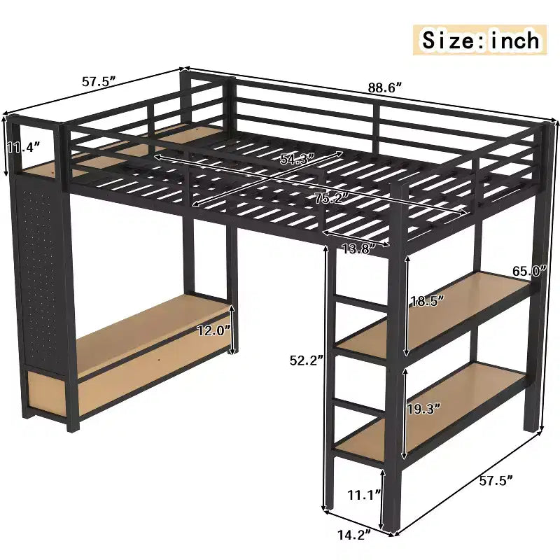 Lit mezzanine métallique double/grand format, tout-en-un avec armoire, étagères de rangement et panneau perforé, noir - ModernLuxe