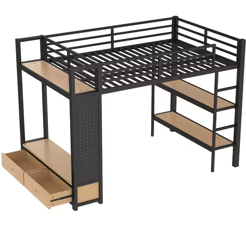 Lit mezzanine métallique double/grand format, tout-en-un avec armoire, étagères de rangement et panneau perforé, noir - ModernLuxe