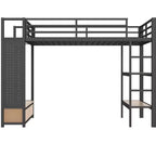 Lit mezzanine métallique double/grand format, tout-en-un avec armoire, étagères de rangement et panneau perforé, noir - ModernLuxe