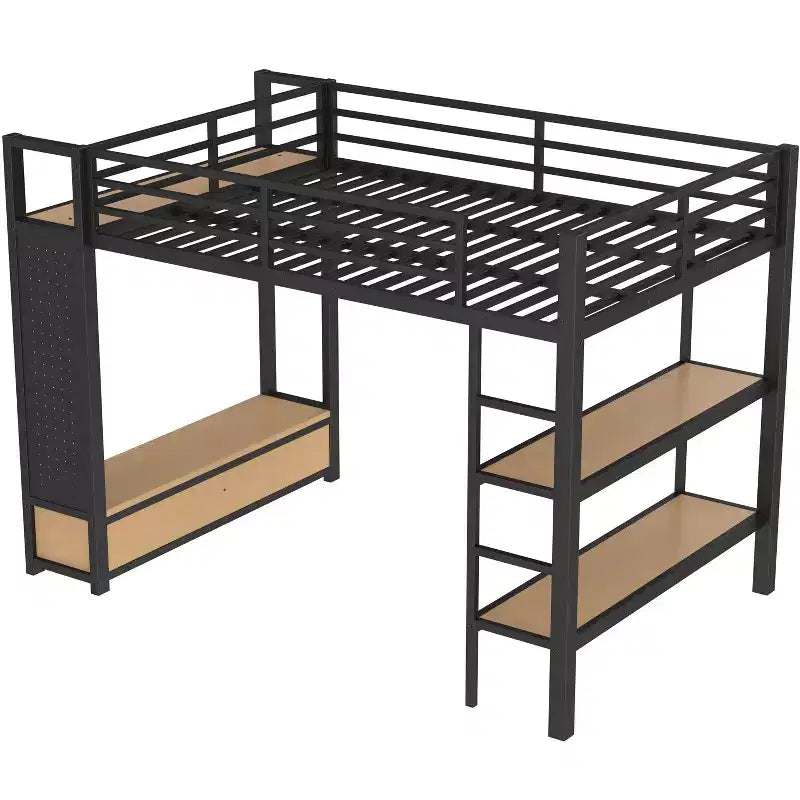 Lit mezzanine métallique double/grand format, tout-en-un avec armoire, étagères de rangement et panneau perforé, noir - ModernLuxe