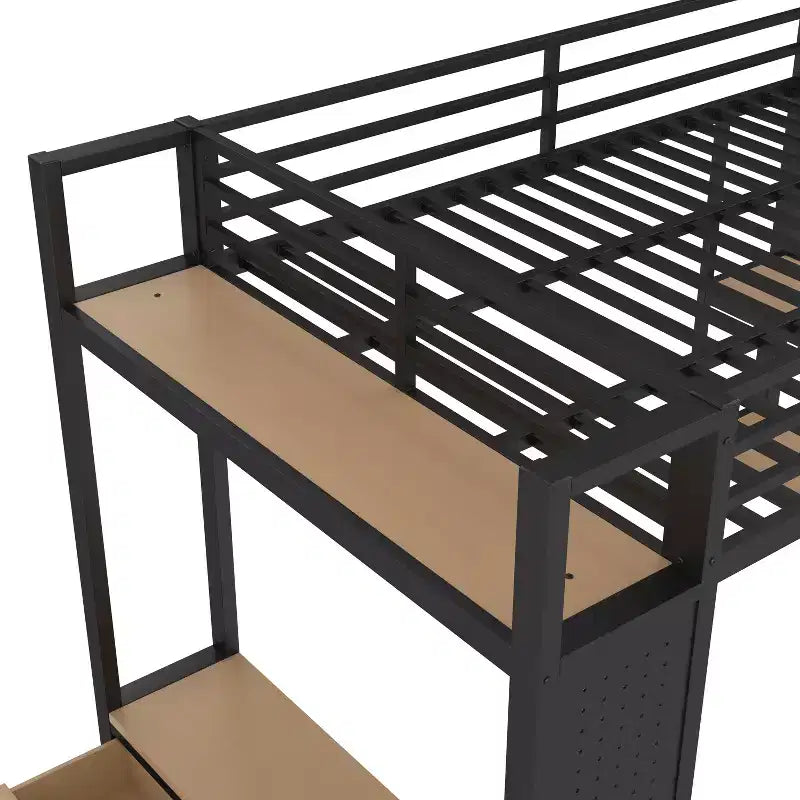 Lit mezzanine métallique double/grand format, tout-en-un avec armoire, étagères de rangement et panneau perforé, noir - ModernLuxe