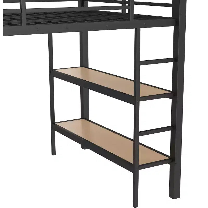 Lit mezzanine métallique double/grand format, tout-en-un avec armoire, étagères de rangement et panneau perforé, noir - ModernLuxe
