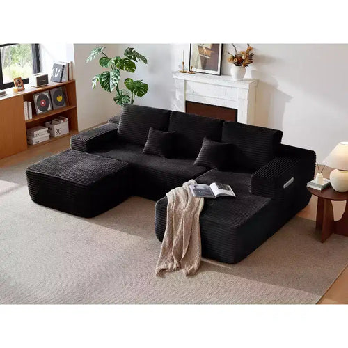 104Cloud Sectional Sofa,U-Shaped Chaise,Deep Seat,Side Pockets,Plush Fabric,No Assembly,Black,Right Facing