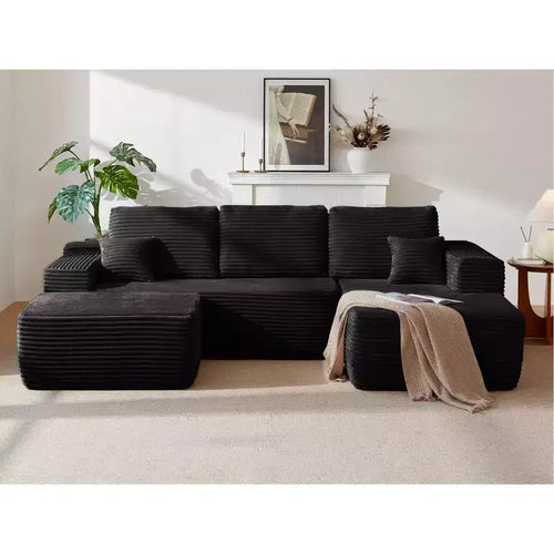 Canapé d'angle 104Cloud, méridienne en U, assise profonde, poches latérales, tissu pelucheux, aucun assemblage requis, noir, orientation à droite