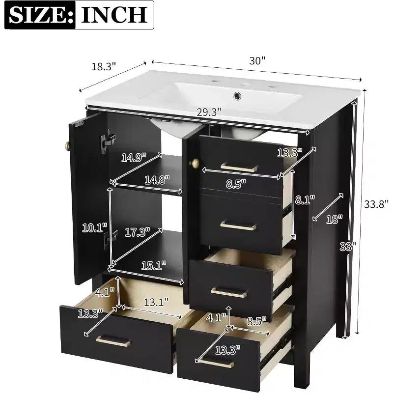 Meuble de salle de bain avec lavabo, Ensembles de commode de salle de bain modernes en bois avec 4 tiroirs et 2 portes à fermeture amortie, Meuble sous-vasque de salle de bain