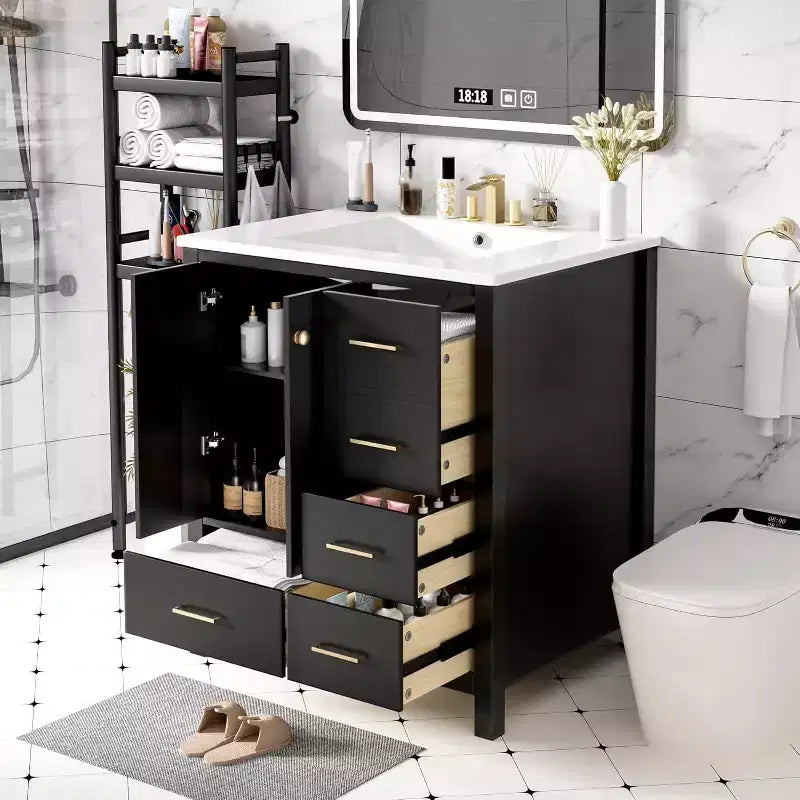 Meuble de salle de bain avec lavabo, Ensembles de commode de salle de bain modernes en bois avec 4 tiroirs et 2 portes à fermeture amortie, Meuble sous-vasque de salle de bain