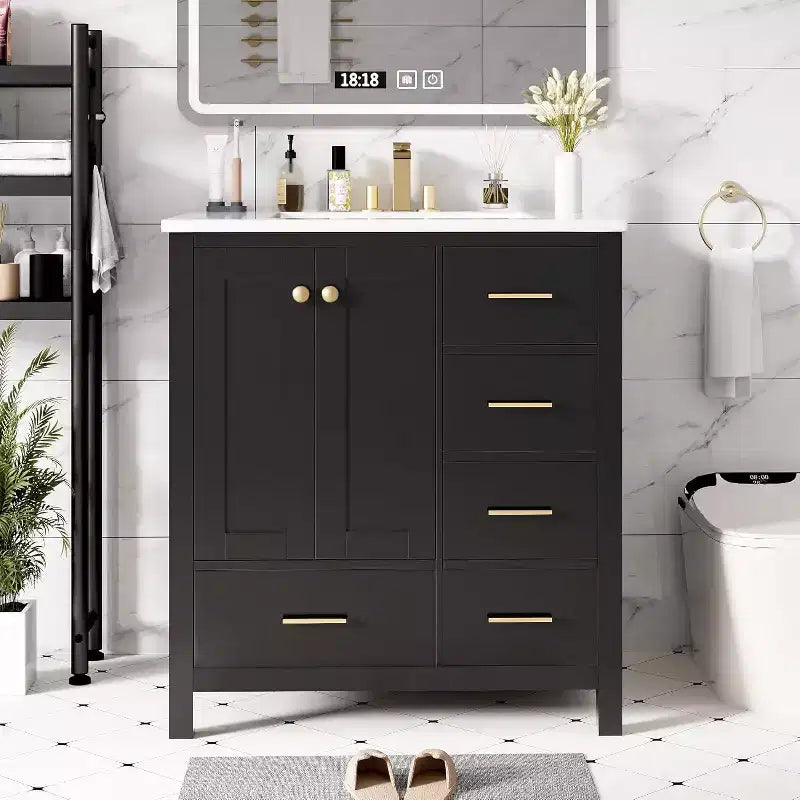 Meuble de salle de bain avec lavabo, Ensembles de commode de salle de bain modernes en bois avec 4 tiroirs et 2 portes à fermeture amortie, Meuble sous-vasque de salle de bain
