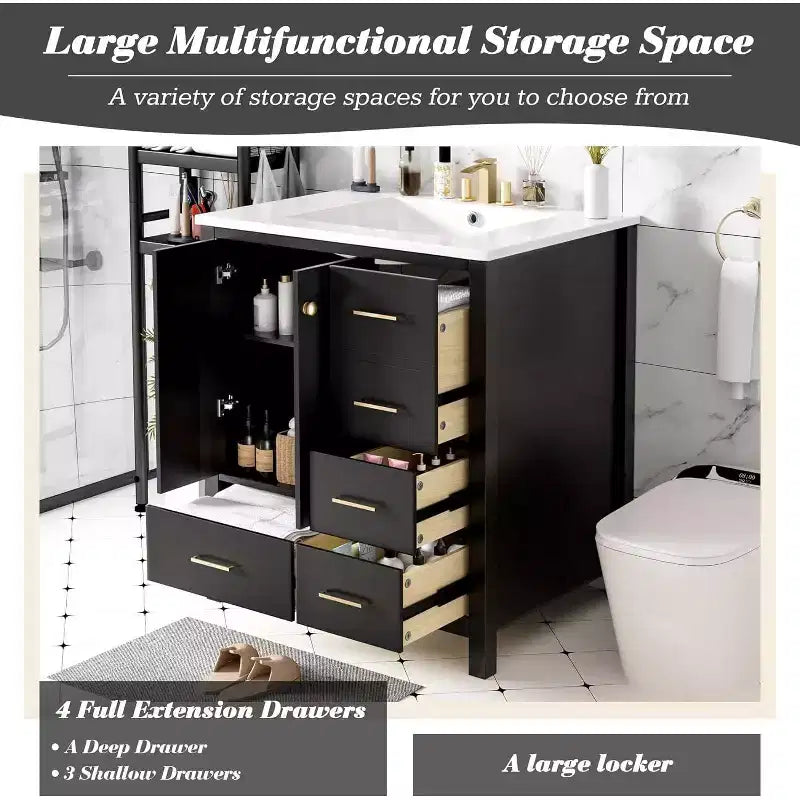 Meuble de salle de bain avec lavabo, Ensembles de commode de salle de bain modernes en bois avec 4 tiroirs et 2 portes à fermeture amortie, Meuble sous-vasque de salle de bain