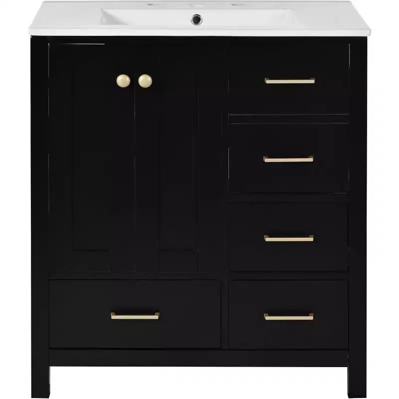 Meuble de salle de bain avec lavabo, Ensembles de commode de salle de bain modernes en bois avec 4 tiroirs et 2 portes à fermeture amortie, Meuble sous-vasque de salle de bain
