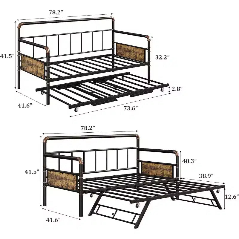 Lit de repos avec lit gigogne, cadre de lit simple avec lattes en acier, cadre de canapé-lit avec supports robustes pour salon, chambre à coucher, marron