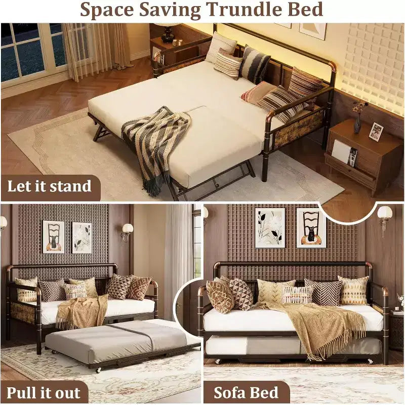 Lit de repos avec lit gigogne, cadre de lit simple avec lattes en acier, cadre de canapé-lit avec supports robustes pour salon, chambre à coucher, marron