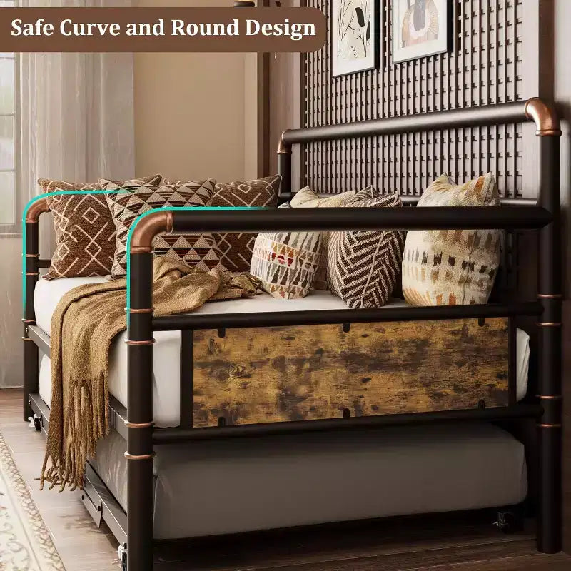 Lit de repos avec lit gigogne, cadre de lit simple avec lattes en acier, cadre de canapé-lit avec supports robustes pour salon, chambre à coucher, marron